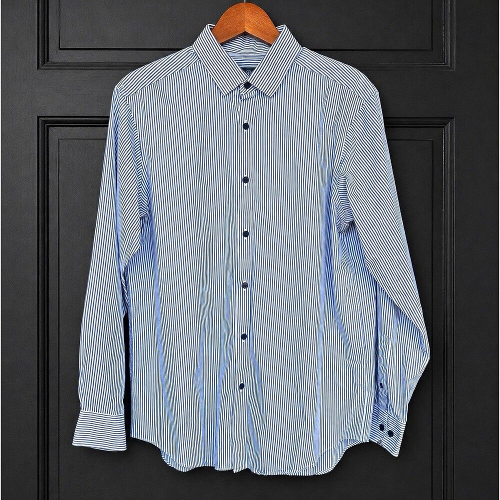 Hart Schaffner Marx Men's M Blue/White Striped Cotton Dress Shirt Long Sleeve